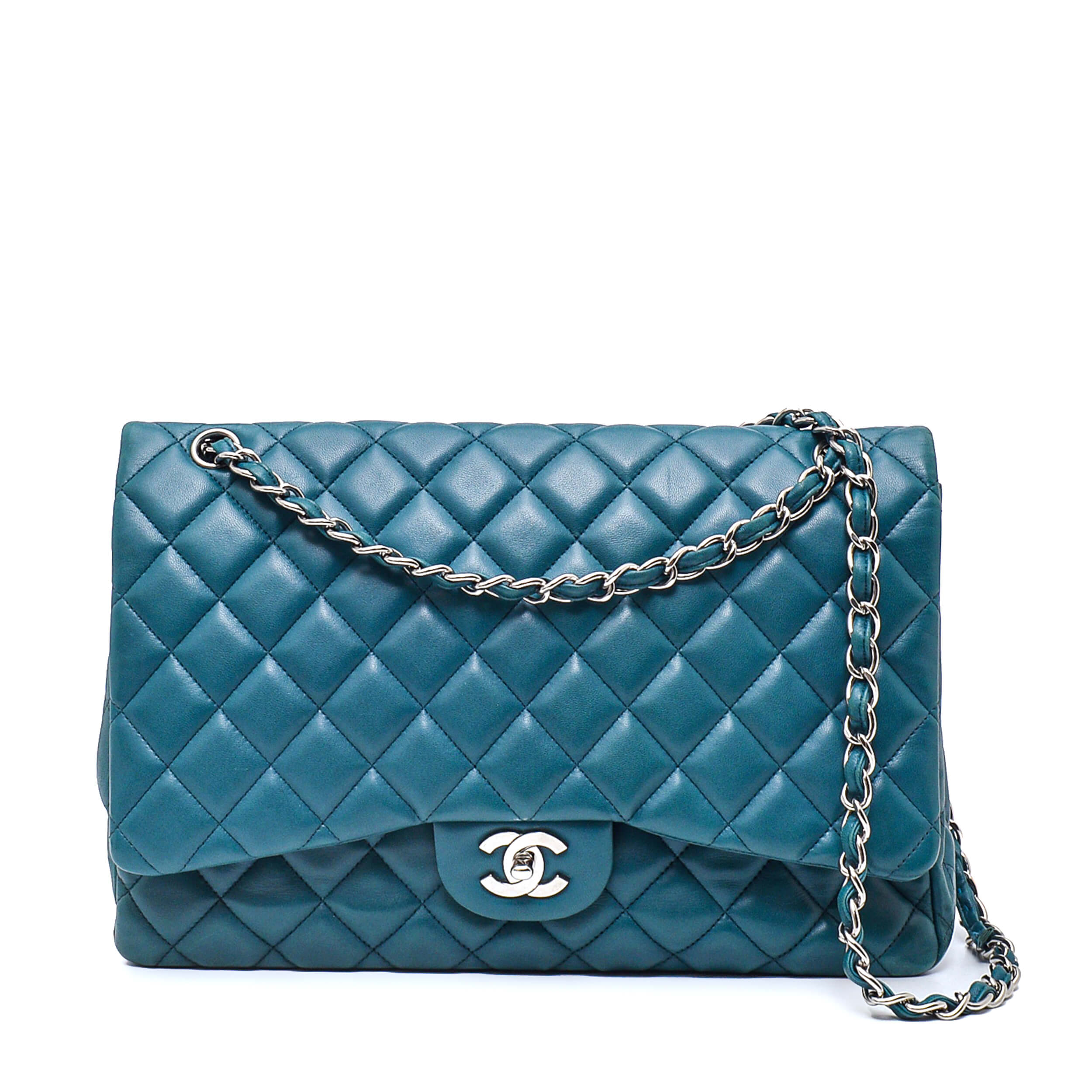 Chanel - Turquoise Quilted Lambskin Leather Maxi Jumbo Single Flap Bag